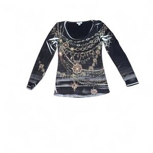Cache Black and Gold Chain Print Long Sleeve Top